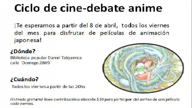 imagen  ¡Ciclo de cine-debate anime a beneficio de la Biblioteca Popular Daniel Talquenca!