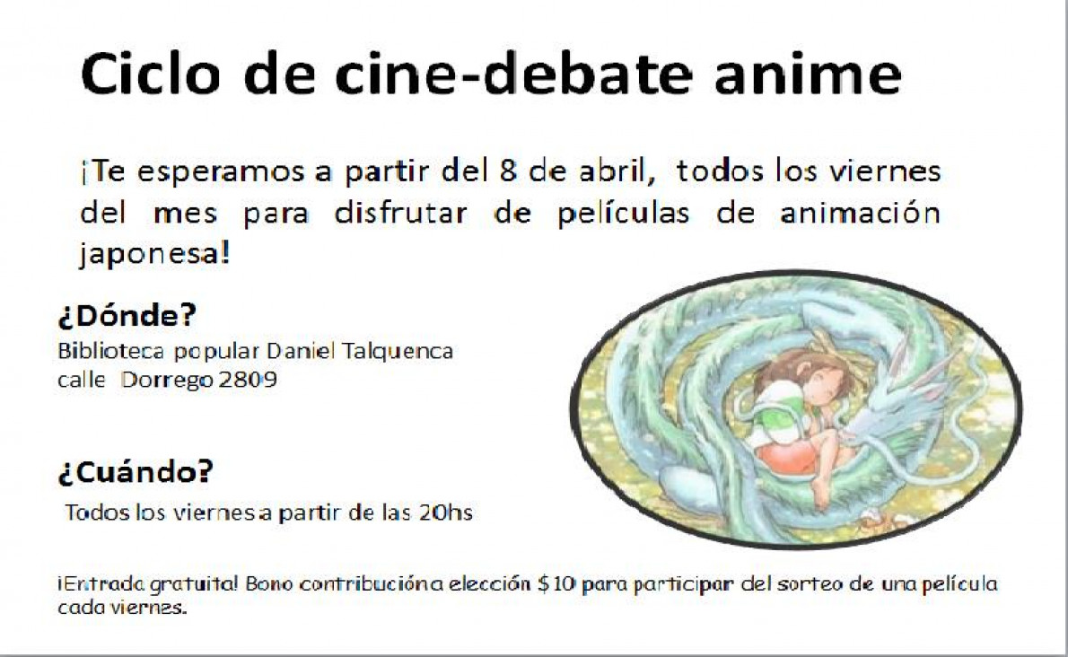 imagen  ¡Ciclo de cine-debate anime a beneficio de la Biblioteca Popular Daniel Talquenca!