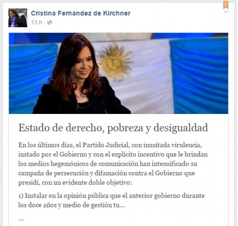 imagen Cristina denuncia una "venganza" del "Partido Judicial, el Gobierno y los medios"